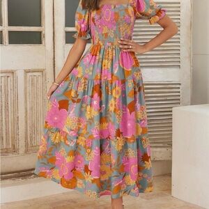 ZESICA Boho Floral Print Square Neck Ruffle Swing Beach Maxi Dress